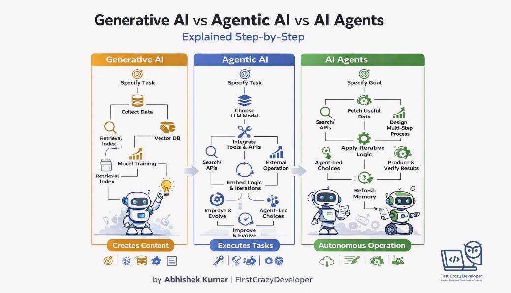 Generative AI vs Agentic AI vs AI Agents – First Crazy Developer